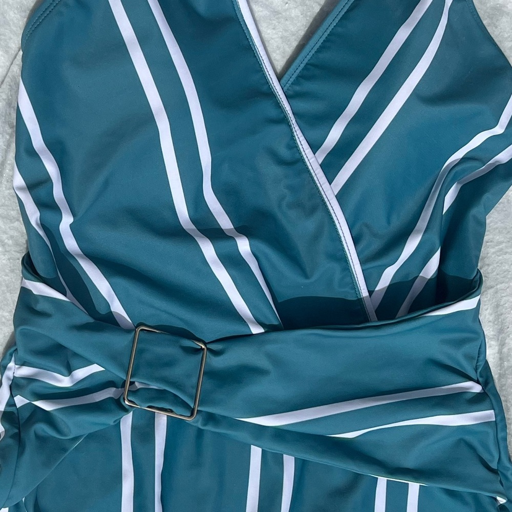 Grace Karin One Piece Plunging V Neck Belted Backless Halter Swimsuit, Green, M - Picture 15 of 16